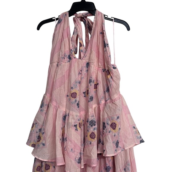 New Free People Stop Time Floral Pink Maxi Tiered Fairy Boho Halter Dress XL - Picture 4 of 14